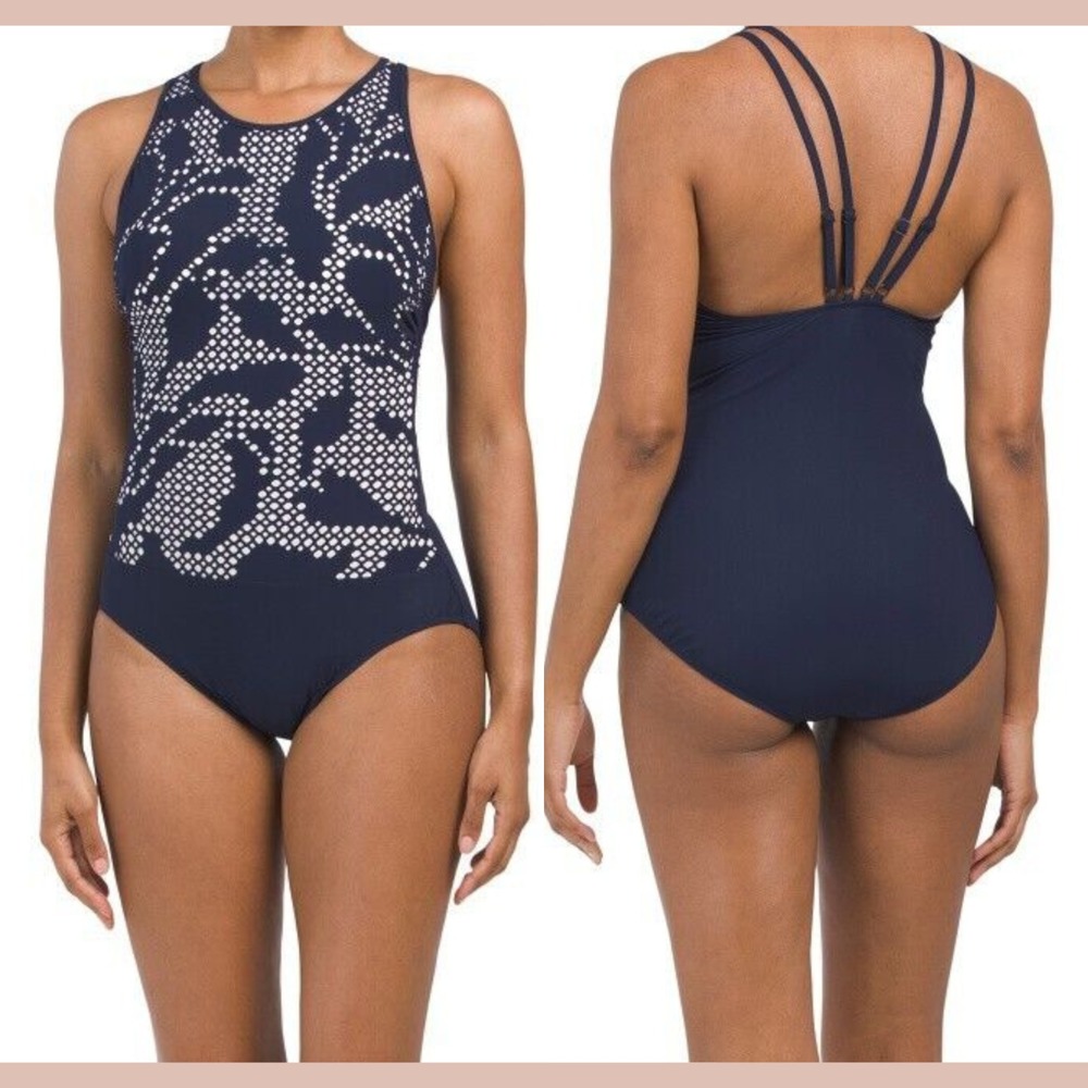 NWT Gottex‎ [ 16 US ] Laser cut Mashrabiya One-piece Swimsuit in Navy Blue T1964